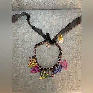 Betsey Johnson NWT Colorful Heart Wrapped Black Ribbon Necklace